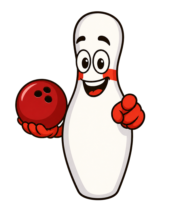 Pino, das Maskottchen des Rolling Bowl, mit Bowlingkugel